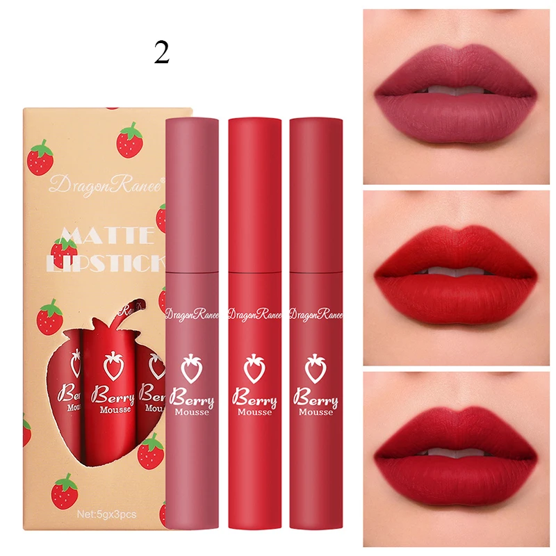 

Sexy Strawberry Set Box Silk Mist Optional Matte Velvet Lip Glaze Lipstick Lip Gloss Female Sticky Cup Love 1/3PCS/Set Beauty