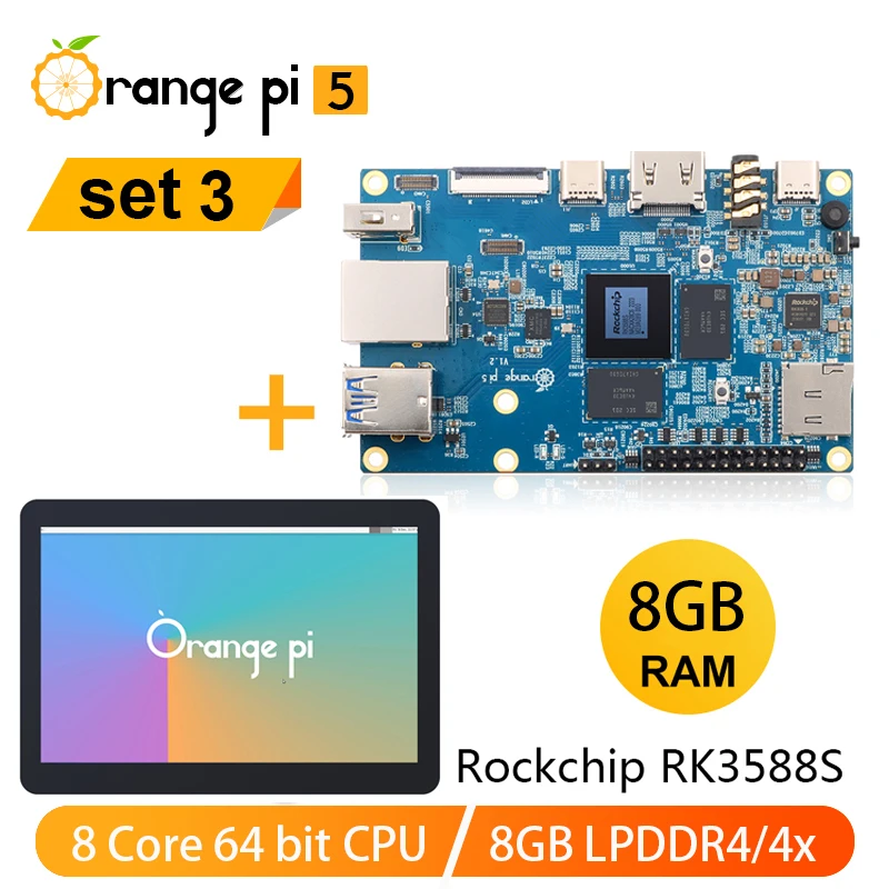 

Новый оранжевый Pi 5 + 10,1 дюймовый сенсорный экран 8 ГБ ОЗУ RK3588S 8 ядер одна плата компьютер поддержка 8K видео оранжевый Pi5 разработка