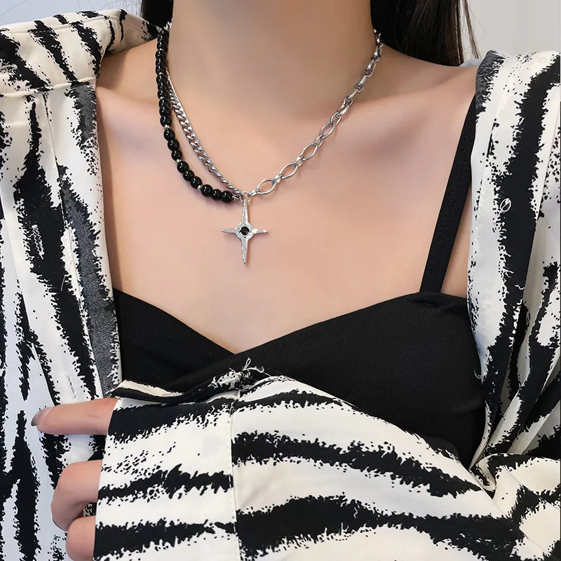 

New In Stainless Steel Chain Black Beads Choker Necklace for Women Cool Hip Hop Star Cross Pendant Necklace Girls Neck Jewelry