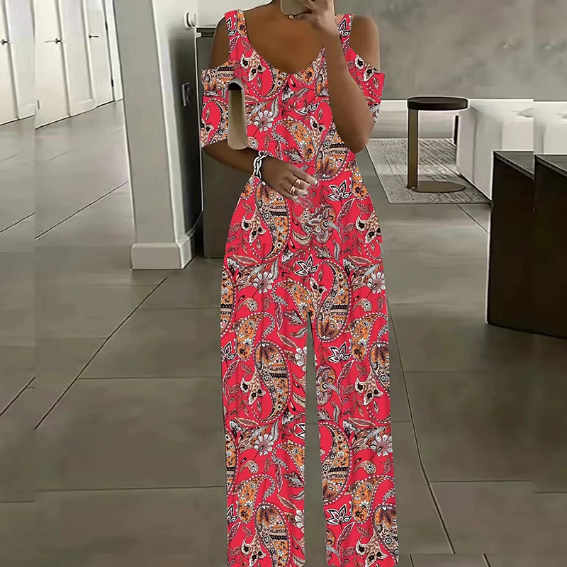 Офисные длинные комбинезоны с винтажным узором и v-образным вырезом сексуальные