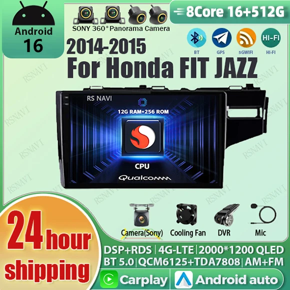 Фото Автомагнитола Android 16 для Honda Jazz 3 (2015-2020) и Fit 3 GP GK (2013-2020) с правым рулем, 2K QLED, GPS, 4G, CarPlay, мультимедийный видеоплеер №1