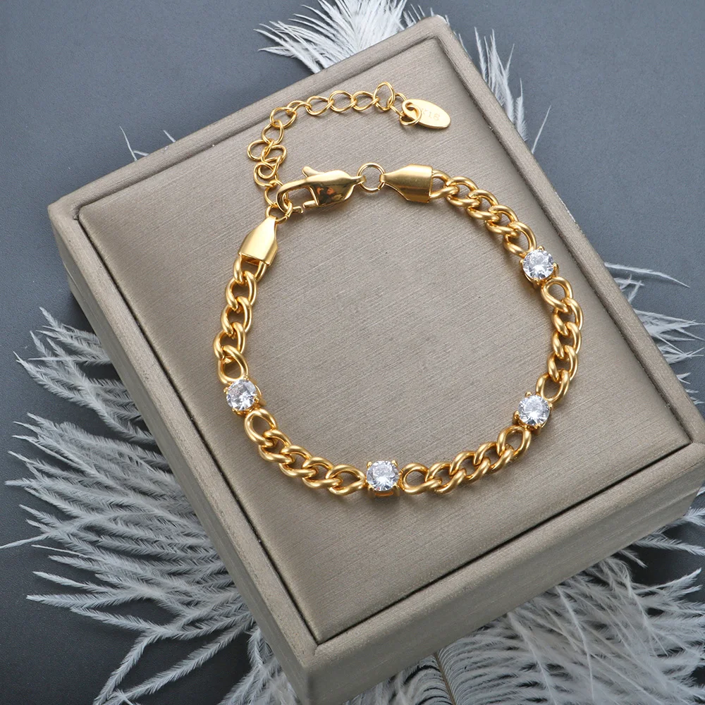 

Cubic Zircon Bracelet Stainless Steel Thick Gold Plated Cuban Chain for Women Twist High Quality Party Wholesales Gift Jewelry