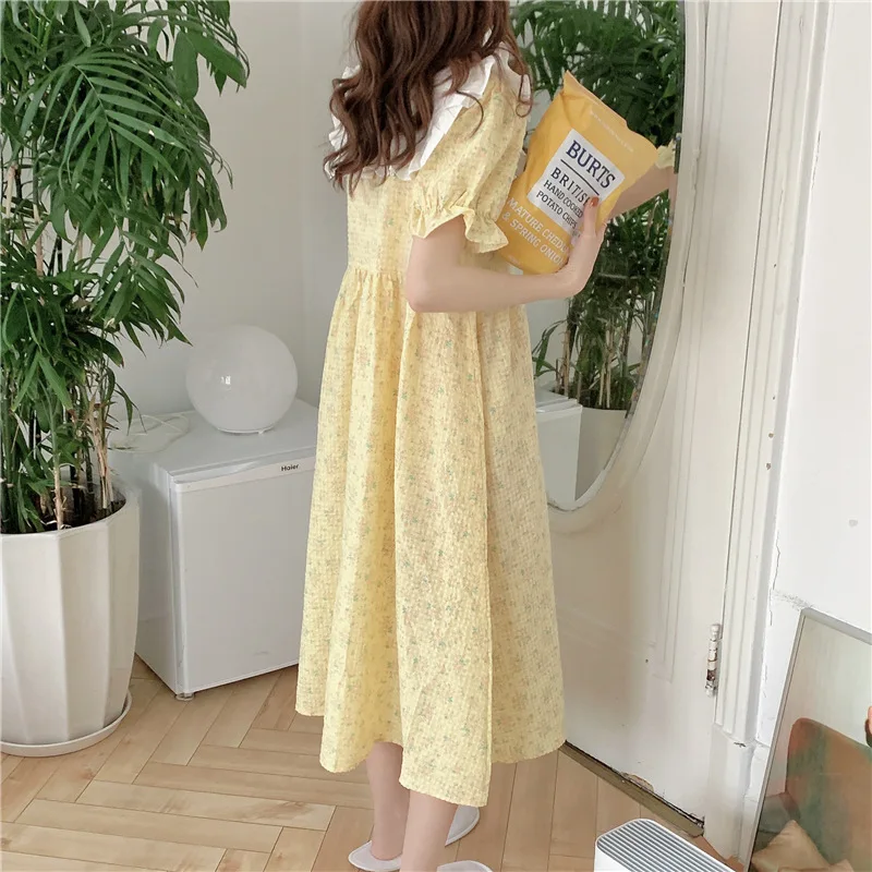 2022 Summer Pajamas for Women Cotton Night Gown Plaid Floral Colorblock V-neck Short-sleeved Home Wear Vestido Woman Sleep Dress