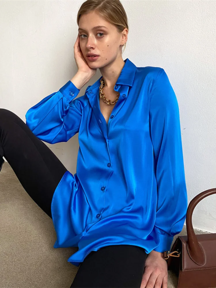 

Women High Street Satin Shirts Elegant Turn Down Collar Long Sleeve Tops Female 2022 New Fashion Solid Straight Shirt for Spring