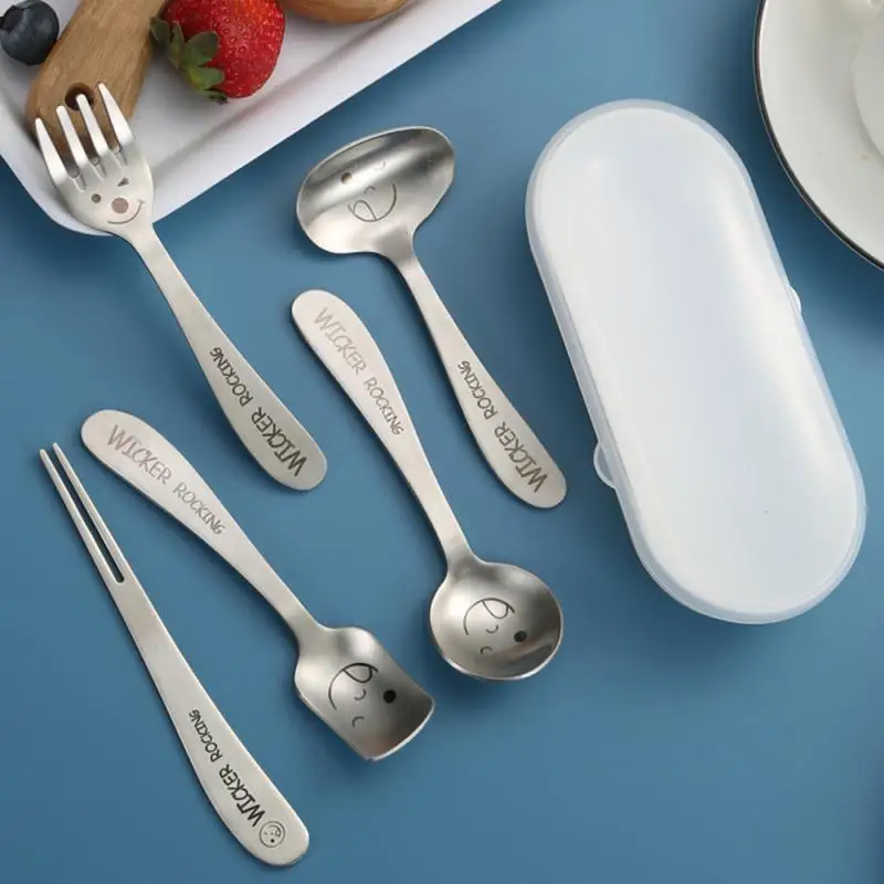 

Spoon Fork Short Handle 304 Stainless Steel Children Smile Face Feeding Baby Food Cartoon Tableware Sets Bar Kitchen Accessories