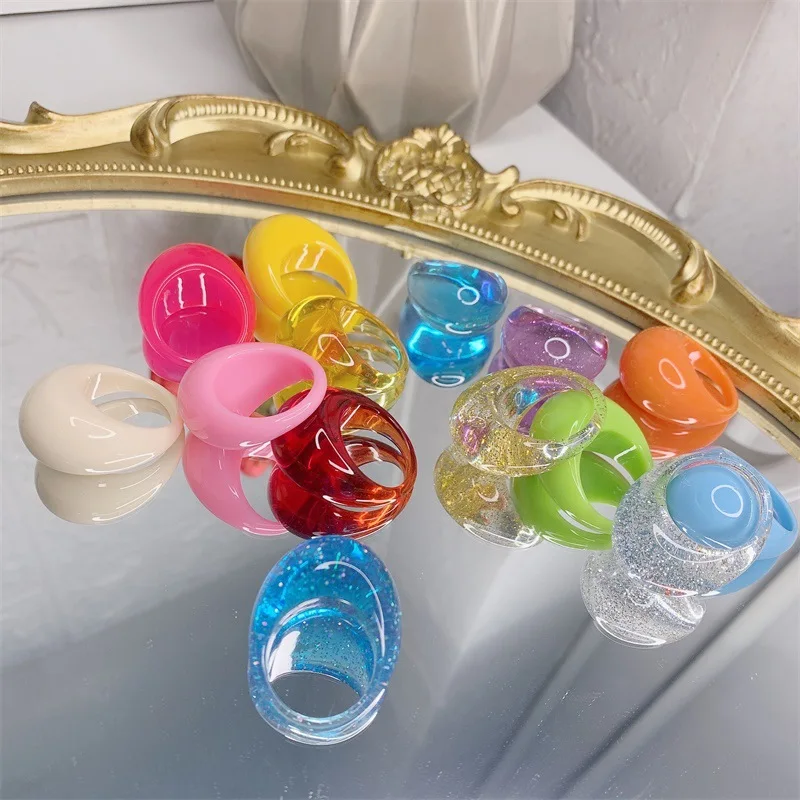 

AOMU 2021 Новые Летние Красочные прозрачные акриловые полимерные геометрические овальные кольца для женщин и девочек блестящие искусственные ...