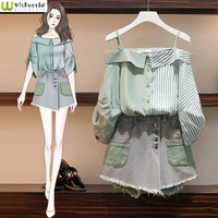 2022 spring and summer new korean fashion off shoulder short sleeve top casual denim shorts two piece elegant womens suit