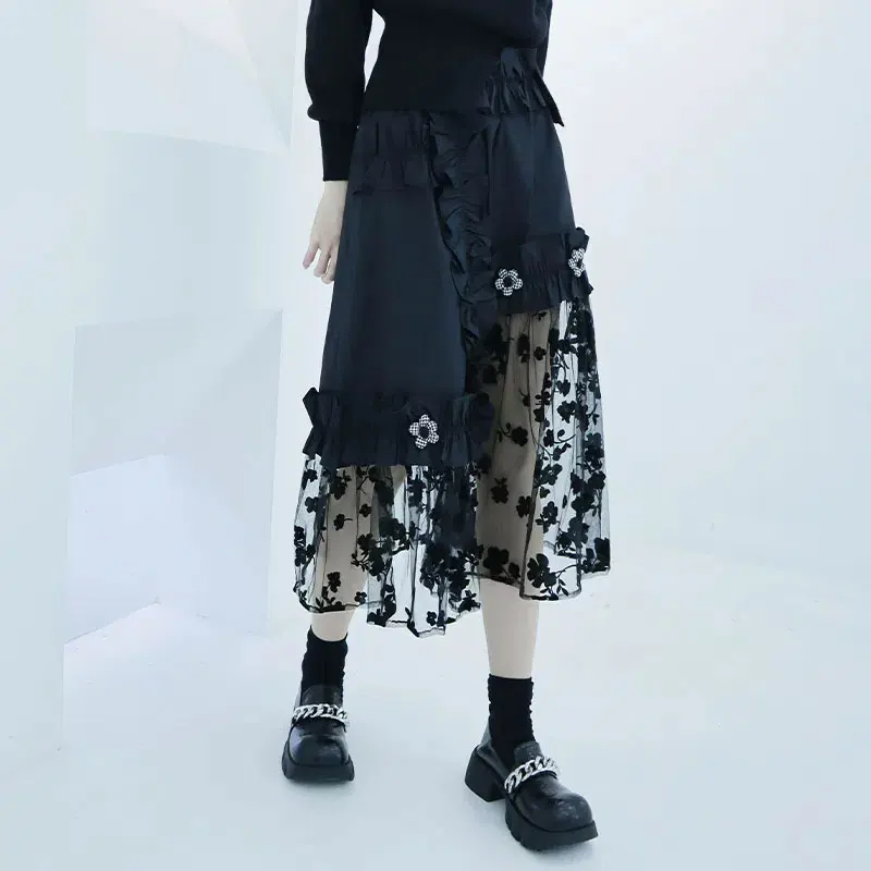 

Summer New Ladies Style Casual Elegant Mesh Flower Stamen A-line Skirt Flocking Irregular Stitching Pleated Party Shaggy Skirt