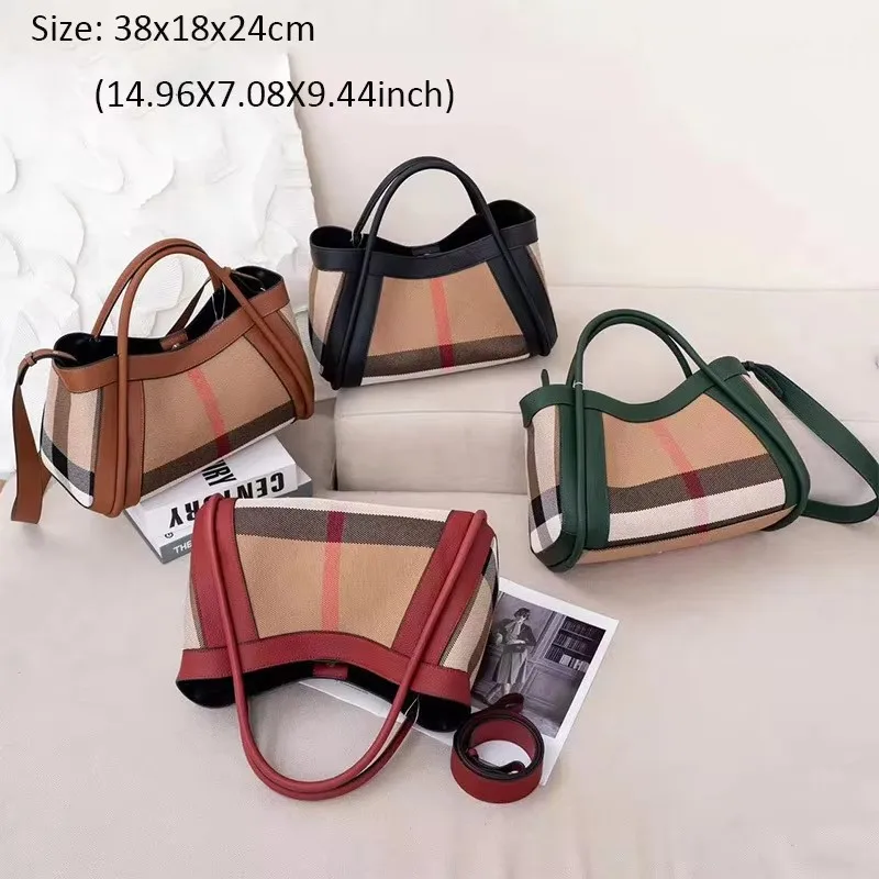 VM-Bolso de mano a rayas para mujer Bandolera grande lona y cuero genuino estilo Retro cuadros 2024 г.