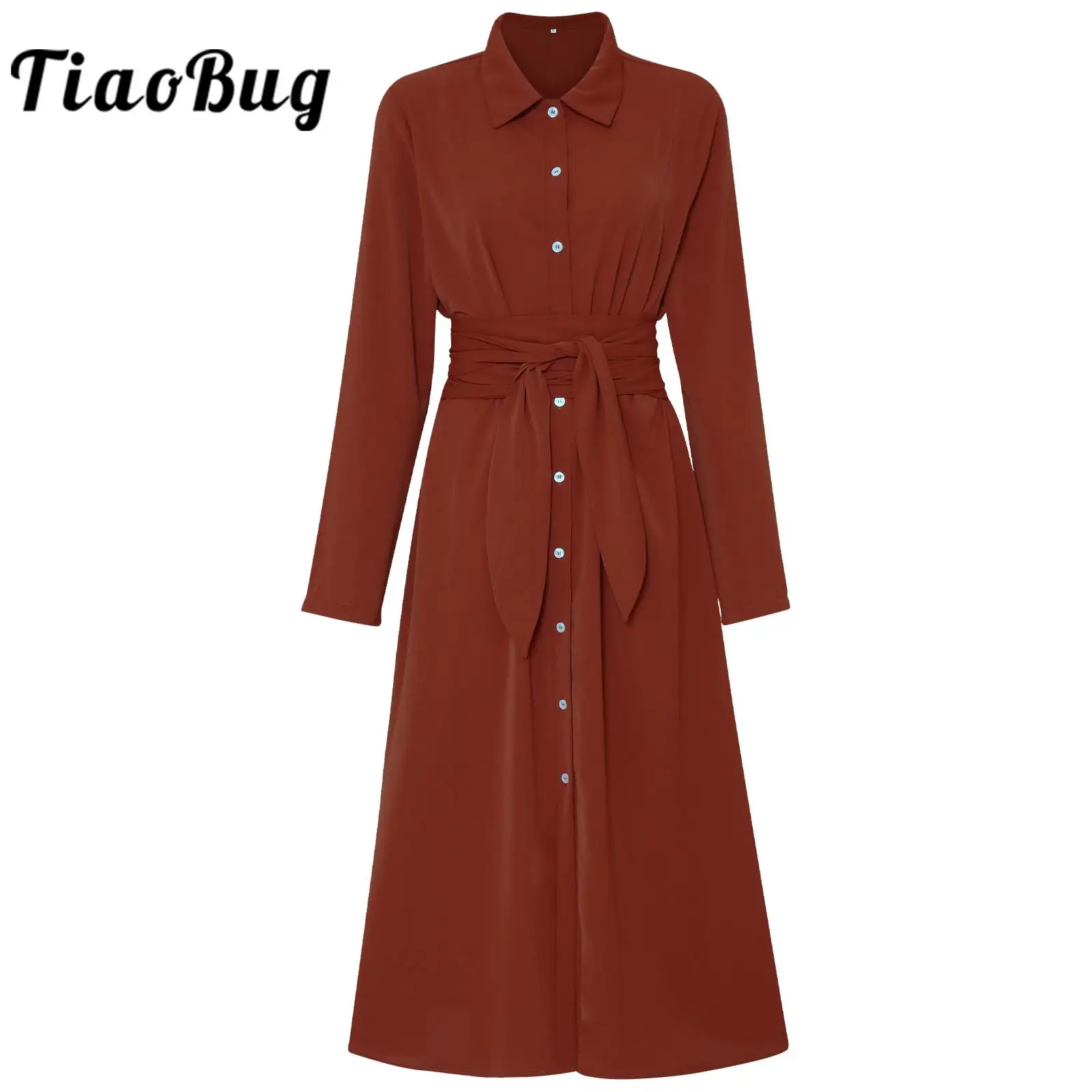 

Womens Fashion Solid Color Dress Lapel Long Sleeve Button Down High Waist Long Dress for Office Vacation Evening Party
