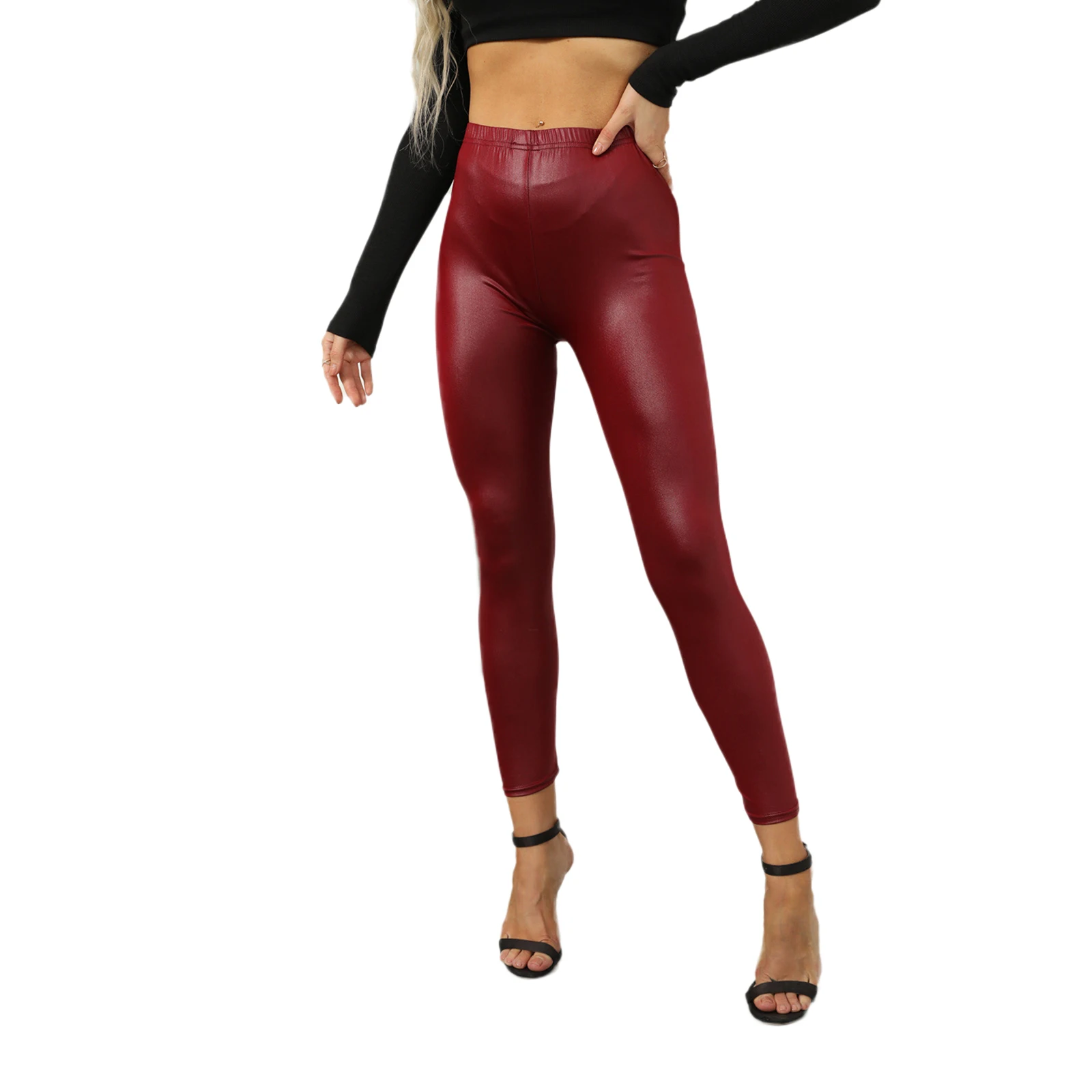 

Fashion Women's Solid Color Elastic Leggings Female Sexy PU Leather Trousers Pants