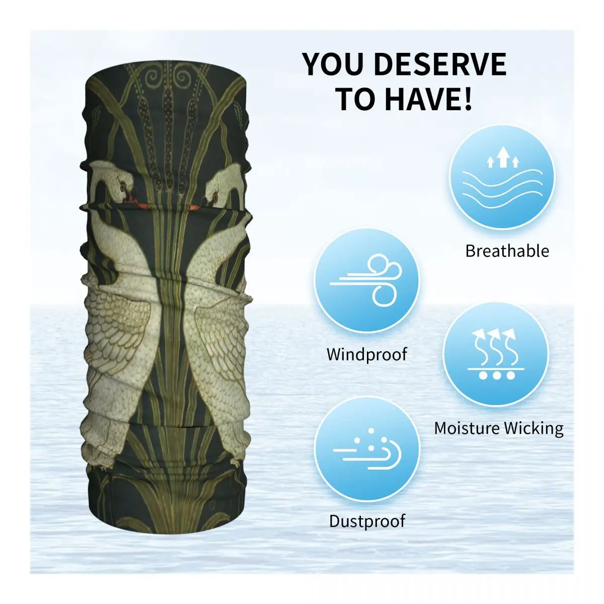 Шарф-маска в стиле арт-деко с рисунком лебедей и расков |