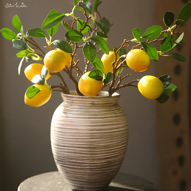 SunMade Luxury Lemon Fruit Branch with Green Leaves Artificial Flowers Photography Props Flores Artificales Fake Plants Fall