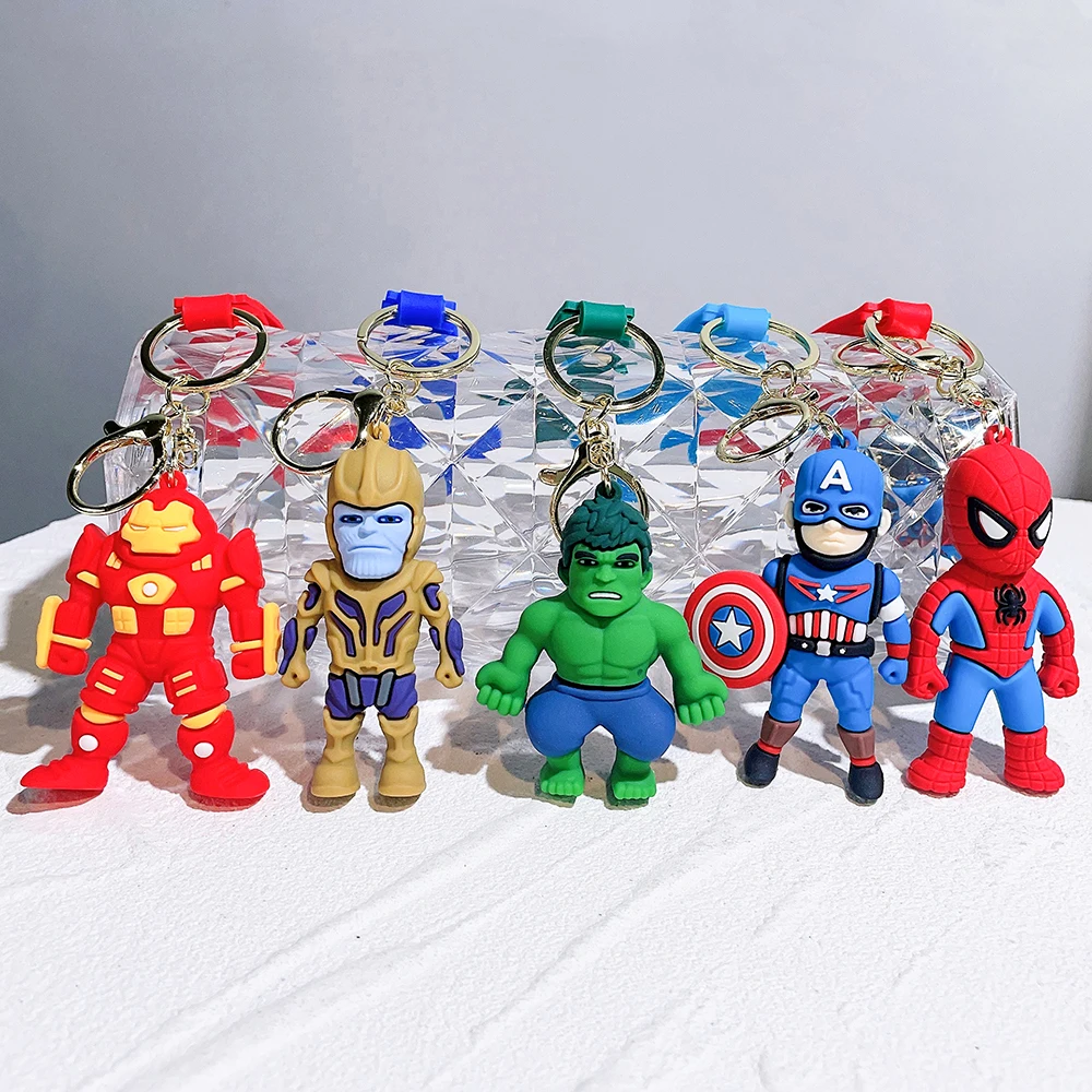 Avengers Superhero Keychains Marvel Iron Man Spiderman Captain America PVC Keyrings Cute Cartoon Anime Doll Pendant Key Holder