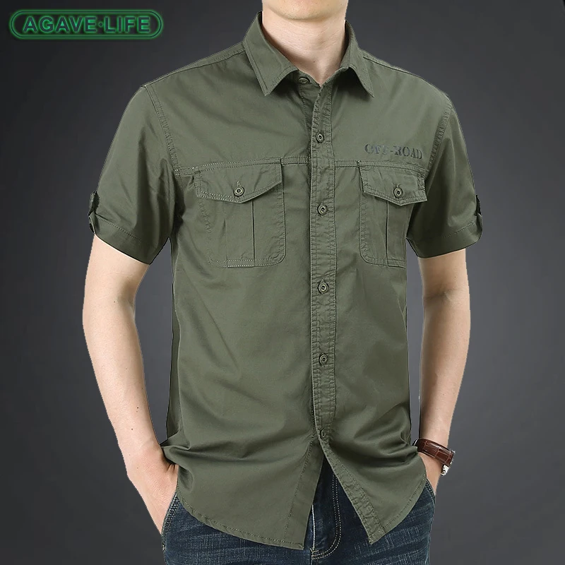 

Summer Cotton Shirt Men Middle-aged Bussiness Short Sleeve Shirt Men Double Pocket Tooling Casual Shirt Male Solid Color Clothes