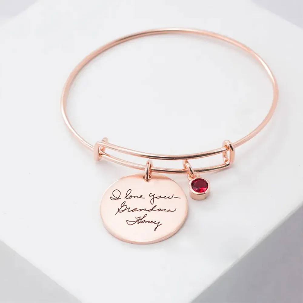 

Dainty Name Slogan Custom Bracelet Birthday Stone Stainless Steel Pendant Bangle for Women Luxury Design Original Charms Jewelry