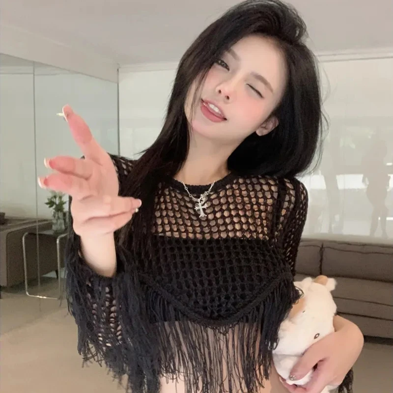 

Женский трикотажный пуловер с длинным рукавом и круглым вырезом