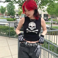 gothic summer black tank tops women streetwear skeleton print sleeveless o neck crop top bodycon sexy punk camisole cute tops