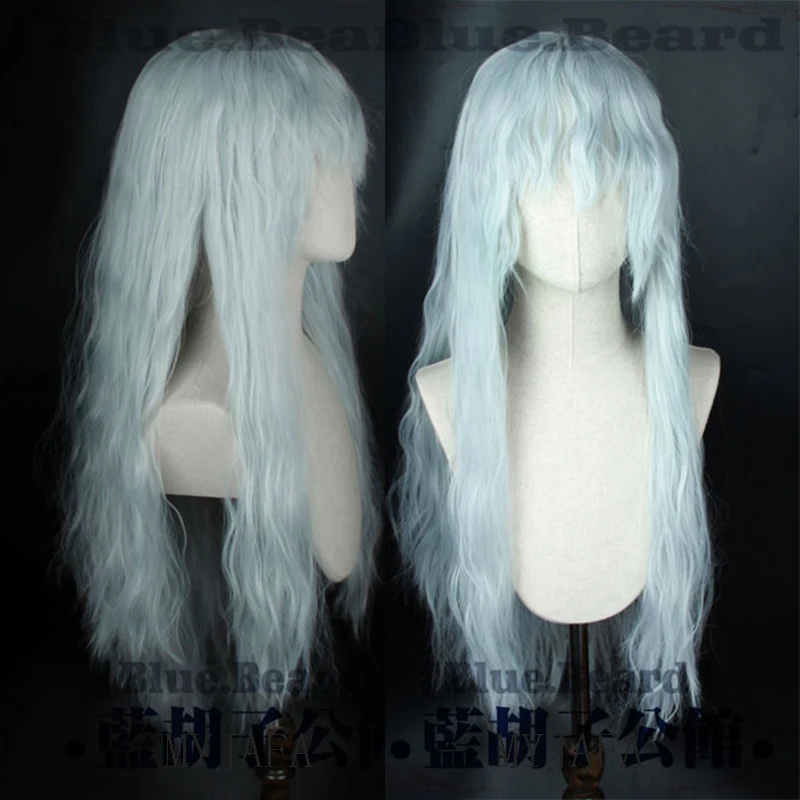 

Berserk Griffith Cosplay Wig Silver Mixed White Blue Hair Curly Wavy Heat Synthetic 70cm Long Resistant Wigs + Wig Cap