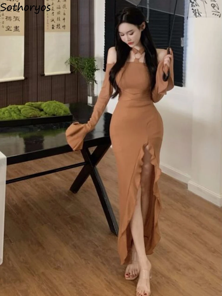

Maxi Dresses Women Flare Sleeve Elegant Side-slit Fashion Halter Vestido Gentle Feminino Vintage Party Temperament Korean Style