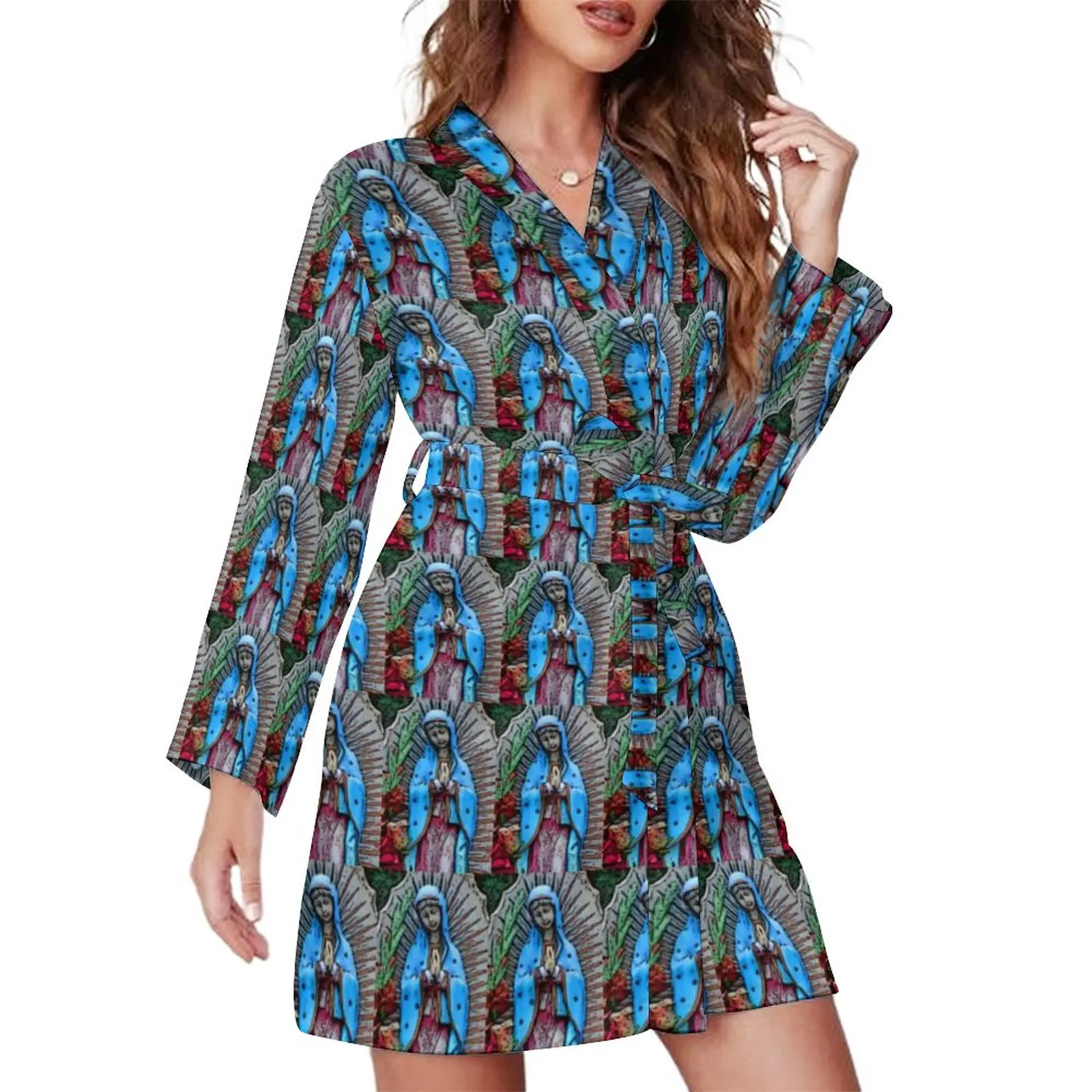 

Virgin Mary Pajama Robe Folk Art Print Long-Sleeve Sleep Pajamas Robes Lady V Neck Lovely Sleepwear Autumn Printed Dress