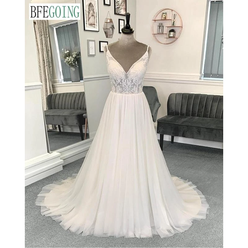 

Кружевное свадебное платье-трапеция на бретелях-спагетти с аппликацией и бисером, свадебные платья со шлейфом для часовни, индивидуальный ...