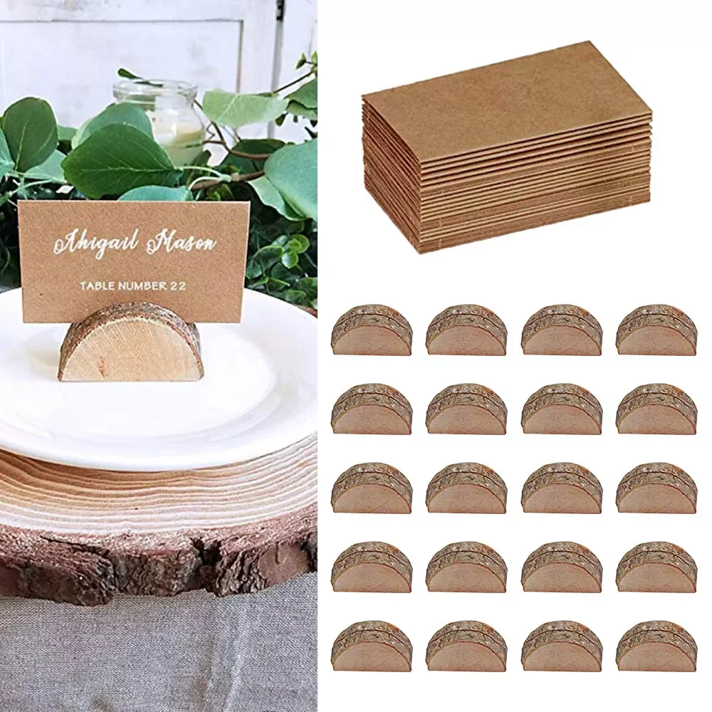

NEW2023 20pc Wood Pile Name Place Card Holders Natural Wooden Bark Memo Holder For Party Decorative Menu Creative Wedding Birthd