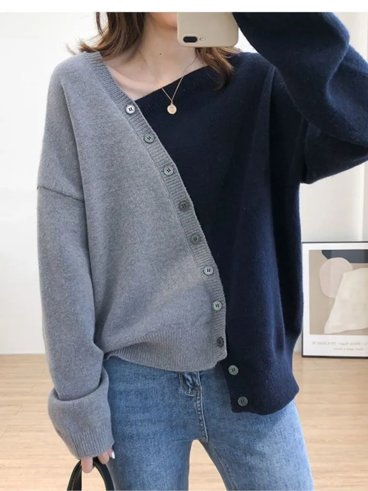 

Long Sleeve Knit Sweater Spring Loose Slim Sweater Women's Irregular Diagonal Button Diagonal Collar Contrast Color