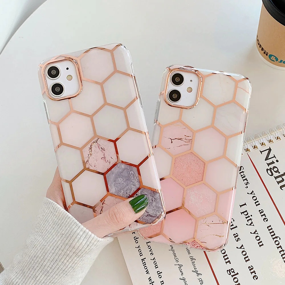 

Electroplated Phone Case for iPhone 12 13 Pro 11 Pro Max X XR XS Max 7 8 14 Plus Cases IMD Soft Geometric Pink Marble Back Cover