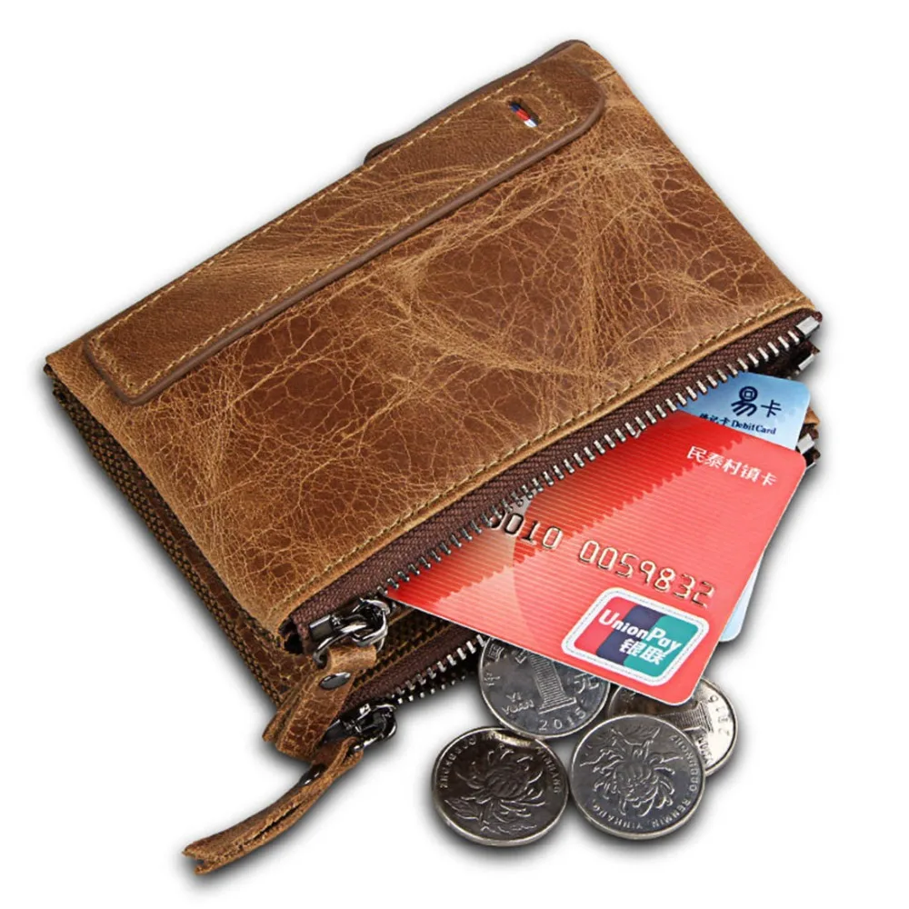 

RFID Double Zipper Women Wallets Genuine Cow Leather High Quality Card Holder Female Purse Vintage Coin Holder Wallets For Girl