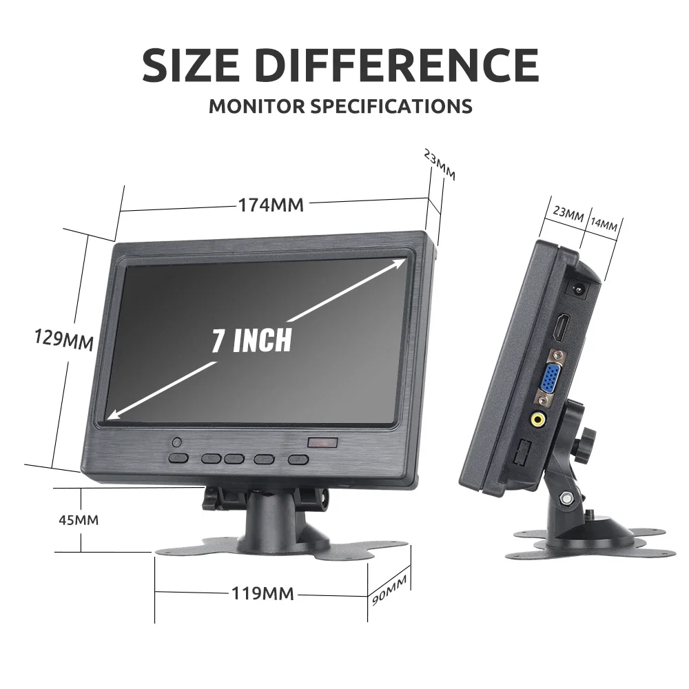 Фото MJDOUD 7-дюймовый автомобильный Hdmi-монитор для ТВ, ПК, компьютера с VGA-дисплеем, 1024*600, ЖК-экран для домашней системы безопасности, резервная камера №3