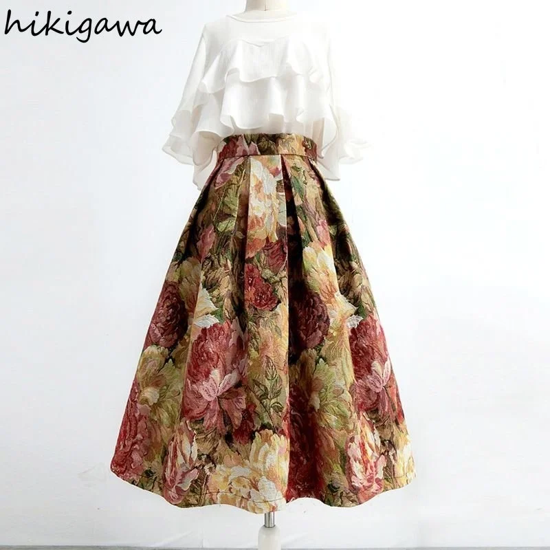 

Vintage Skirts Women High Waist Temperament Jacquard A-line Jupe Fashion Floral Korean Elegant Skirt 2023 Faldas Mujer De Moda