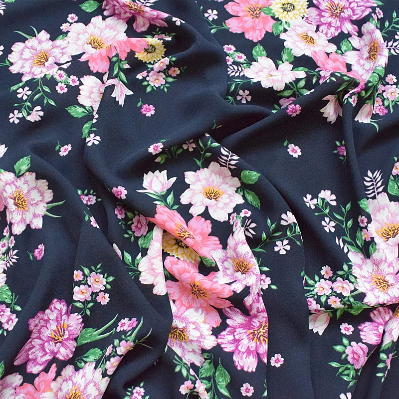 

High Quality Thickened Jute Chiffon Spring And Summer Printed Fabric, Navy Blue, Dazzle And Flower Impenetrable Clothing