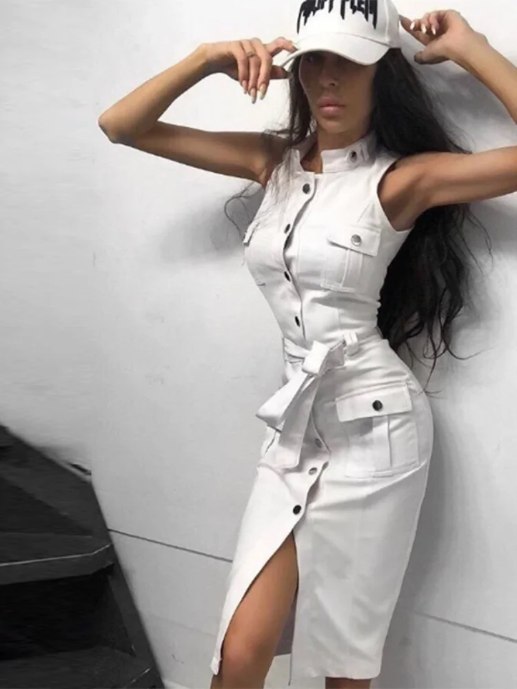 

Pockets Summer Sleeveless Sashes Party Dress Ladies Rivet Stand Collar Straight Knee Dress 2022 Split Slim Sexy Vestidos