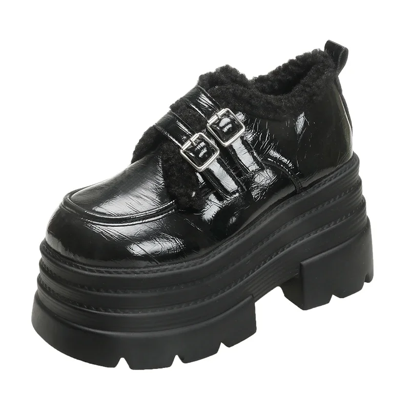 Women's Leather Platform Sneakers Autumn Winter Warm Plush Buckle Snow Shoes Thick Sole 10CM Heels Cotton Zapatos Mujer