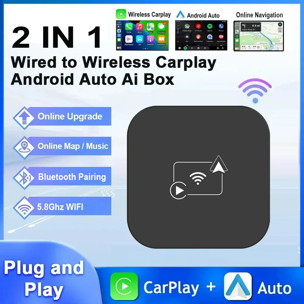 

Проводной и беспроводной адаптер Carplay Box Android Auto 2 в 1, USB/Type C Dongle, Bluetooth WiFi Connect OTA, обновленный