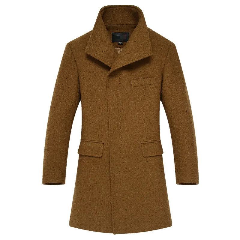Thick Wool Coat Slim Fit Stand Collar Woolen Coat Winter Casual Clothing Men Long Khaki Blend Coat Male Large Size Mens Overcoat