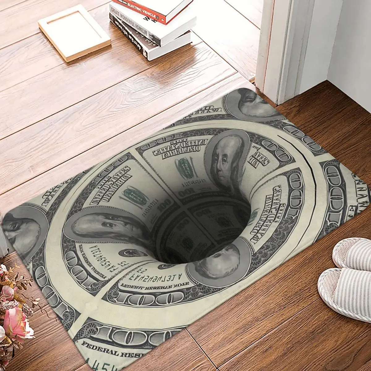 

Optical Illusion Non-slip Doormat Hole Green Fiat Dollar Wall Street100 Bill Money Bath Mat Prayer Carpet Flannel Pattern Decor