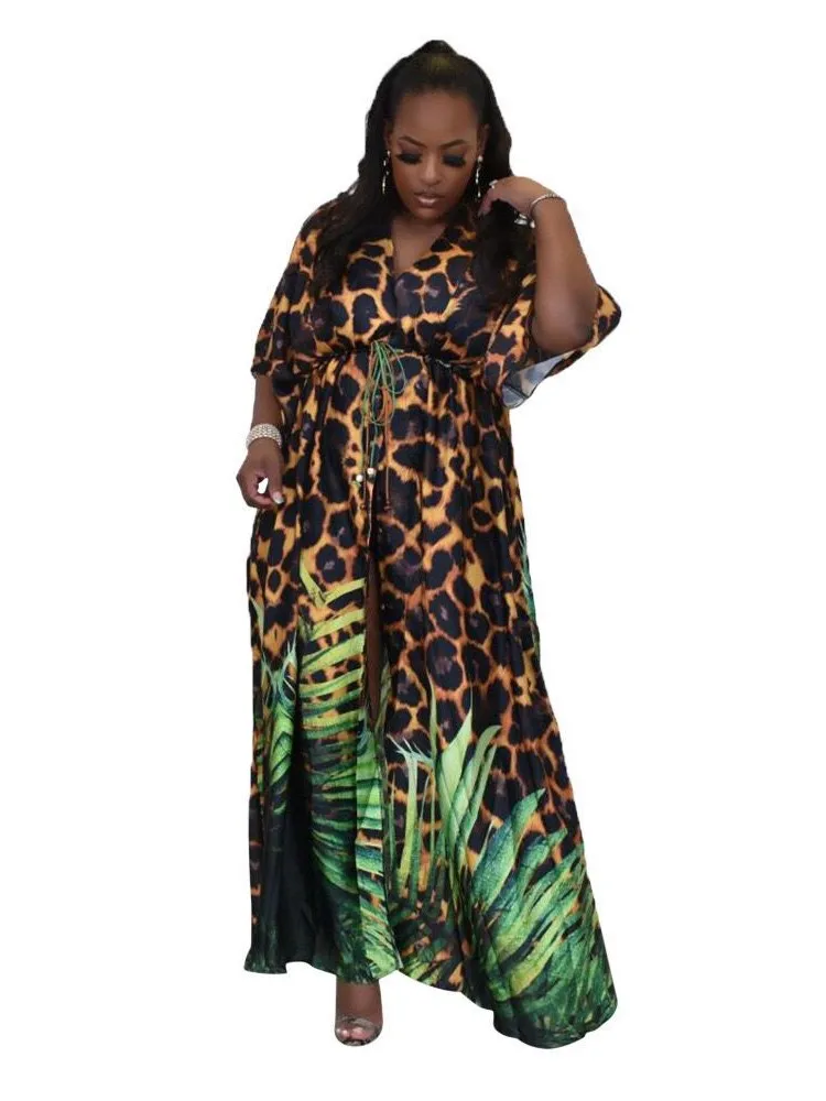 

Robes African Maxi Dress Women Lace Up Empire Cardigan Boubou Summer New Leopard Print Loose Casual Long African Dress Vestidos