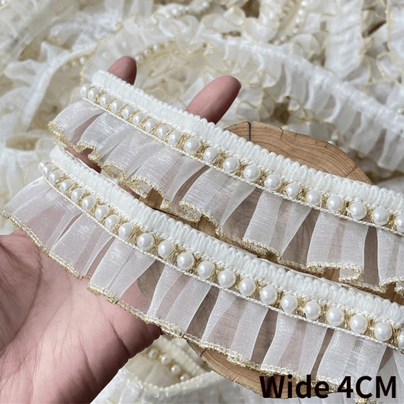 

4CM Wide White Organza Tulle Fabric Frills Beaded Fringe Needlework Ruffles Lace Ribbon Golden Edge Trim Dress Apparel Diy Craft