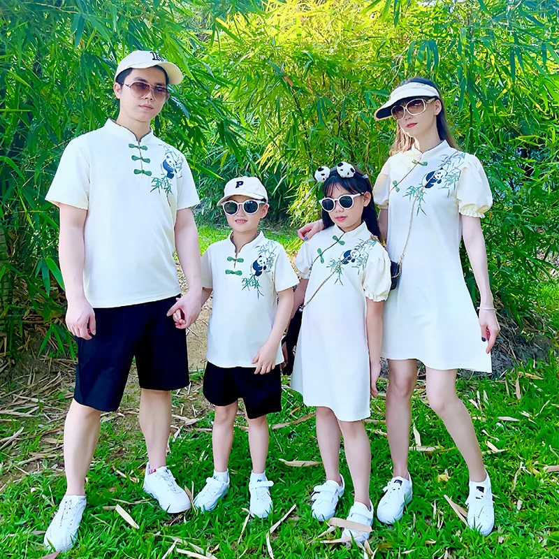 

Parent-child Green Panda Outfit Chinese Style Family Clothing Sets Mom and Daughter Dress Father Son Clothes Mother Girl Dresses