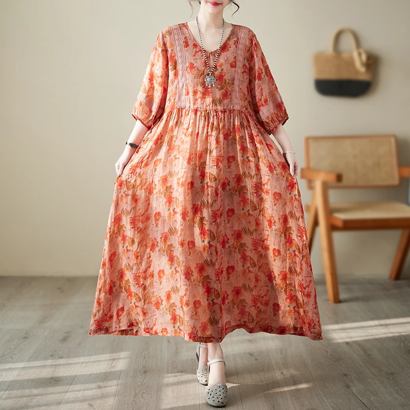 

Женское длинное платье с цветочным принтом, элегантное офисное платье из хлопка и льна с V-образным вырезом и коротким рукавом, лето 2023