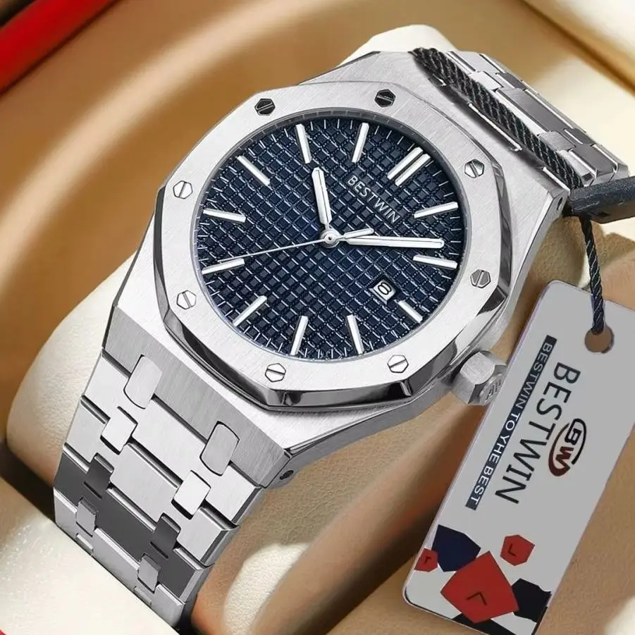 Фото Мужские часы BESTWIN Original Luxury, с датой, светящиеся, водонепроницаемые, с браслетом из нержавеющей стали, модные, деловые, кварцевые. №1