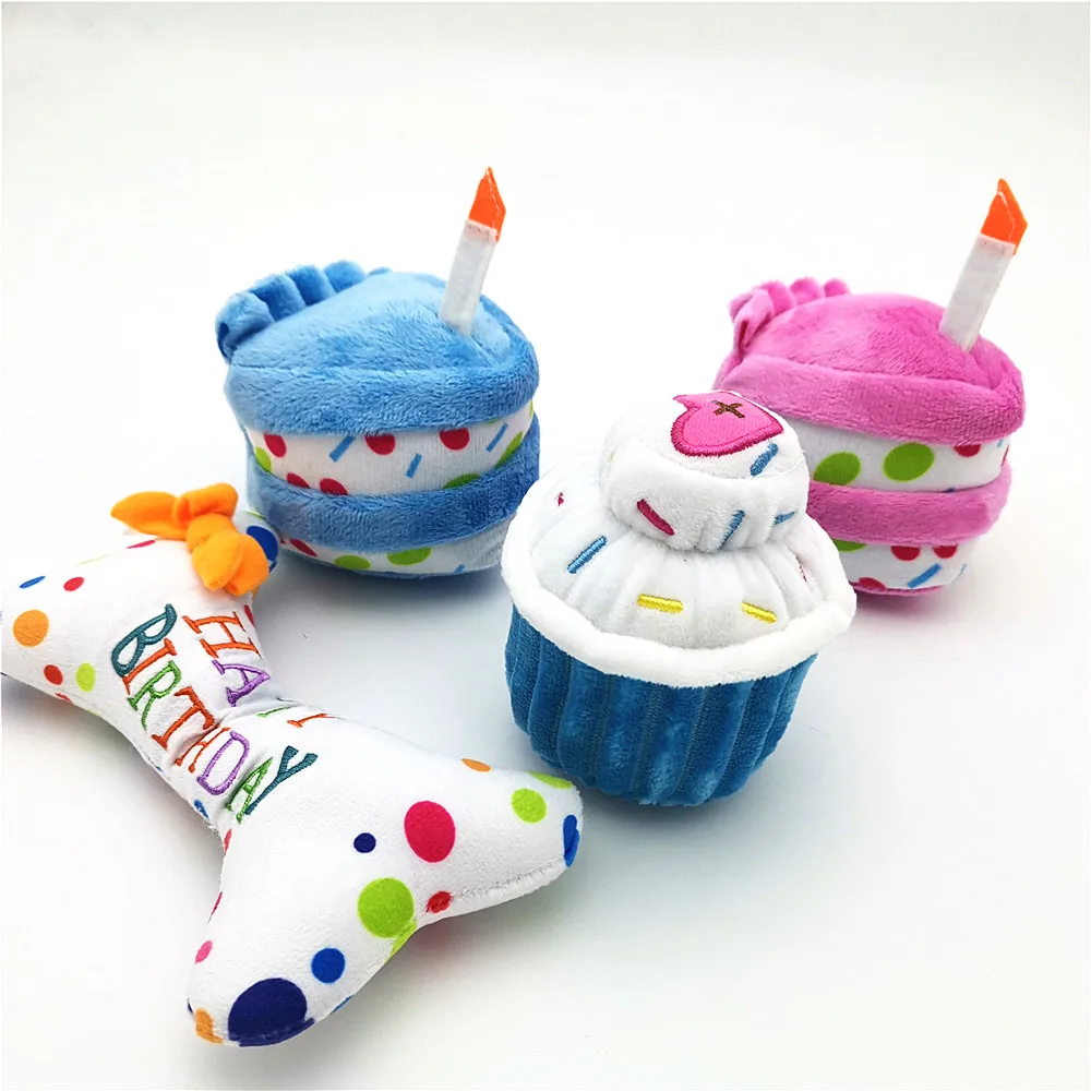 

Pet Cat Dog Molar Toy Plush Birthday Cake Squeaky Toys Playing Interactive Bite Resistant Chew Cupcake Stuffed Pet Toys