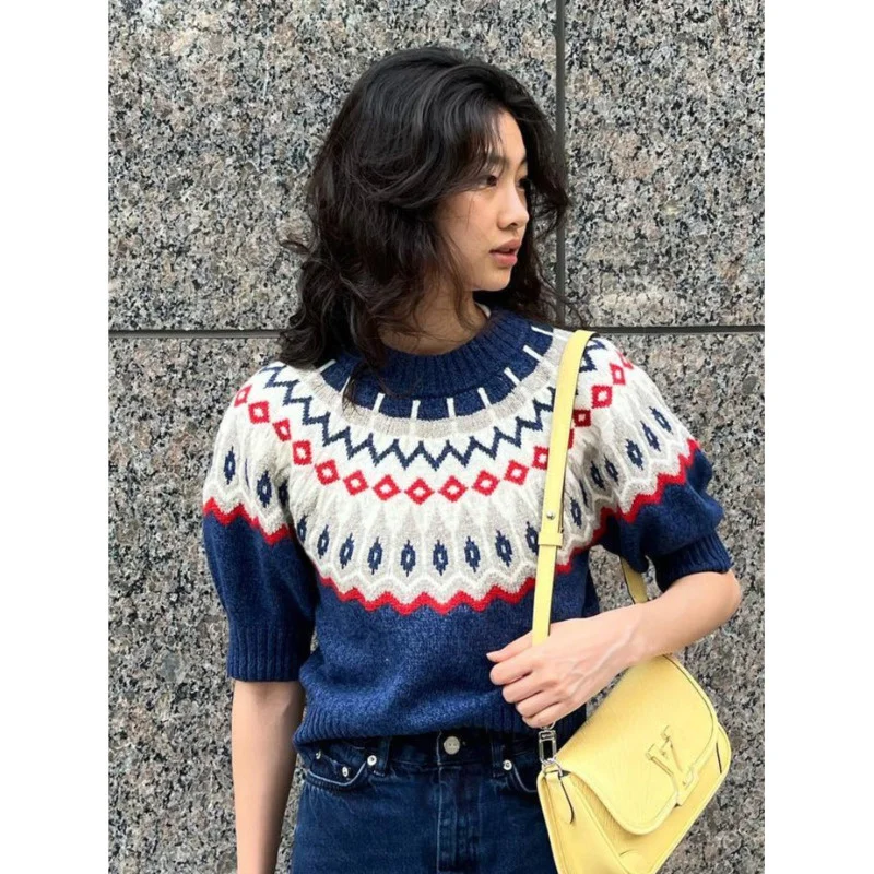 

Осенний вязаный шерстяной свитер с коротким рукавом, женские винтажные свободные топы с геометрическим узором и круглым вырезом