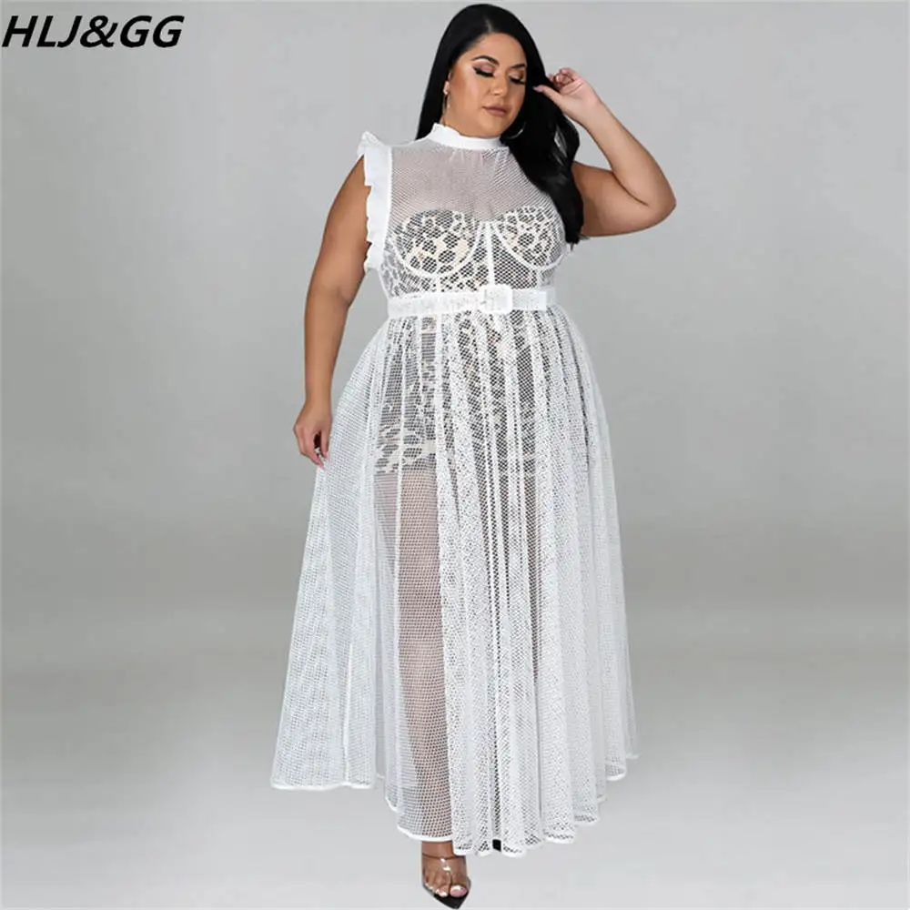 HLJ&GG Sexy Hollow Out Solid Dresses Plus Size Women Clothing XL-5XL Fashion Mesh Sleeve Belt Maxi Dress Vestidos Dropshipping