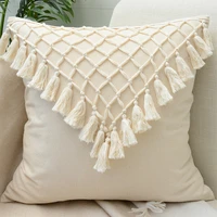 new boho beige handmade fringed cushion cover cotton weave tassel pillow case plain wabi sabi pillow covers decorative for home