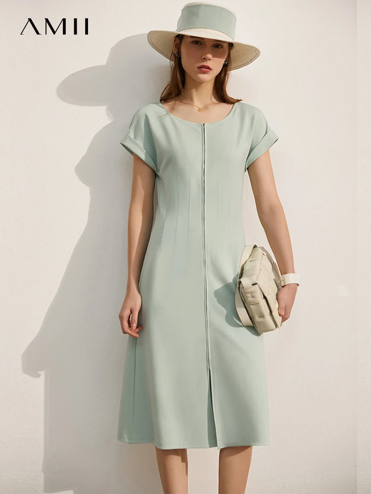 

Amii Minimalism Solid Dresses for Women Summer 2022 New O-neck Slim Front Zip Slit Design Midi Dresses Women Clothes 12130143