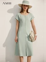 amii minimalism solid dresses for women summer 2022 new o neck slim front zip slit design midi dresses women clothes 12130143