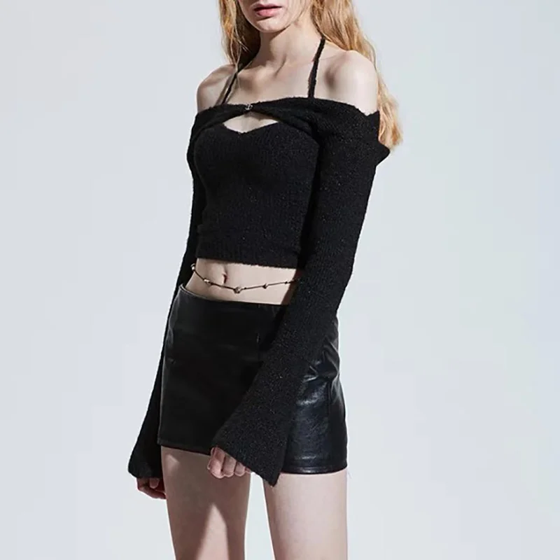 

Spring Autumn Women's Sexy Round Neck T-shirt Elastic Cotton Neck Hanging Lady Two-piece Hollow out Solid Color Top